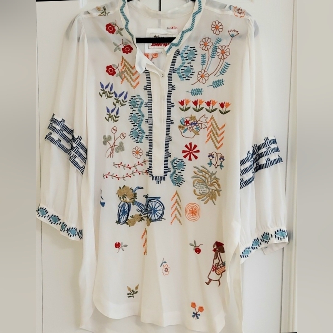 Johnny Was Biya Top, Size Xs, White Tunic, 100% Silk, Embroidered